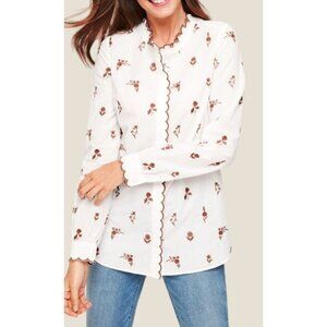 Talbots Embroidered Floral Button Front Blouse Scallop Hem Cottage Core Size L